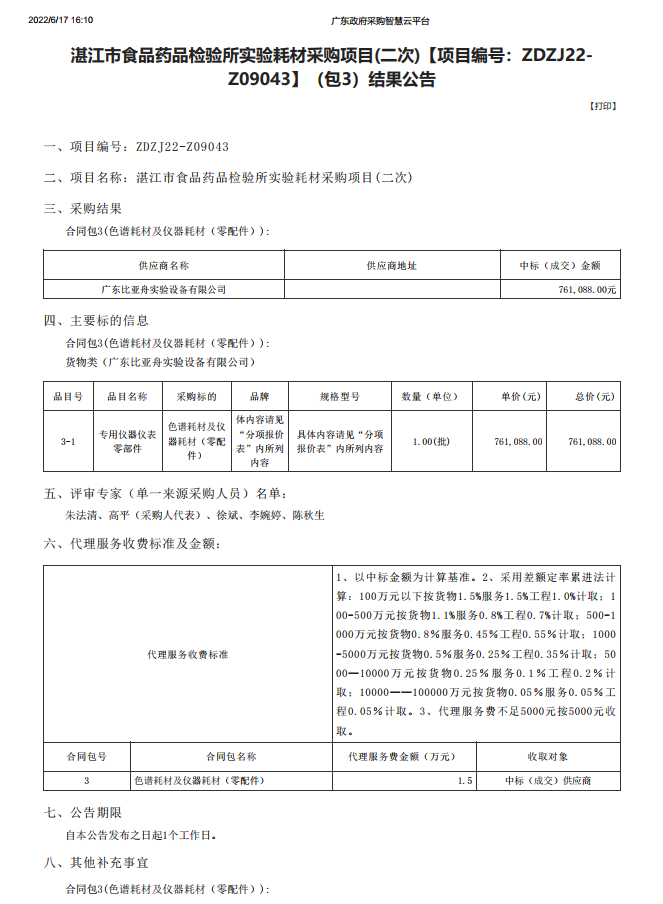 湛江市食品藥品檢驗(yàn)所實(shí)驗(yàn)耗材采購項(xiàng)目(二次)【項(xiàng)目編號：ZDZJ22-Z09043】（包3）結(jié)果公告(圖1)