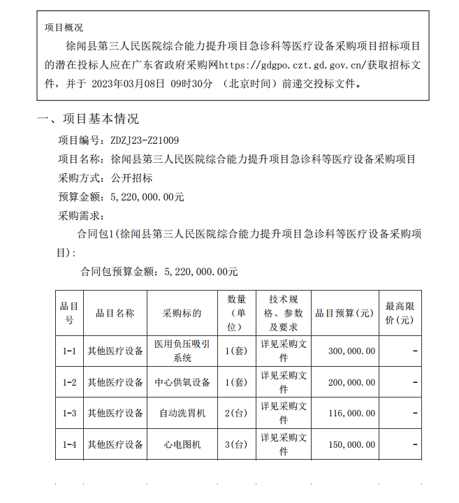 徐聞縣第三人民醫(yī)院綜合能力提升項目急診科等醫(yī)療設(shè)備采購項目 [ZDZJ23-Z21009]招標(biāo)公告(圖1)